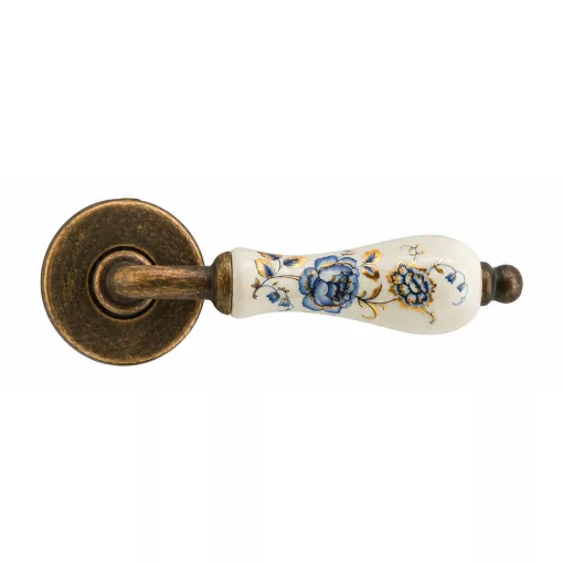 Samoha-Diána Körrozettás Fehér-Kék Virágos Porcelán Betétes Patinás Antik BB